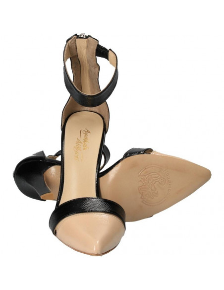Pantofi fashion bej cu negru, piele naturala