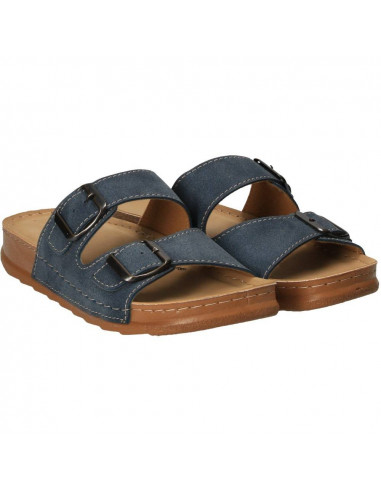 Saboti albastru jeans, cu doua catarame, pentru dama