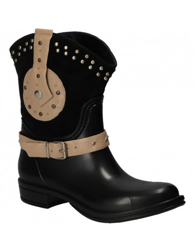 Cizme fashion, negre, din piele si PVC