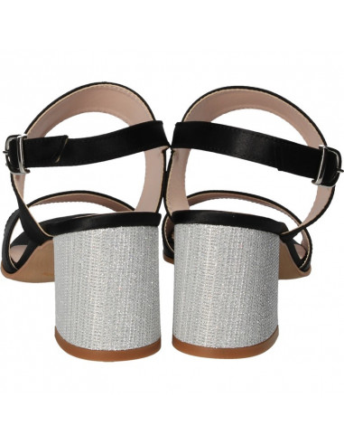 Sandale de dama, din satin negru, toc argintiu