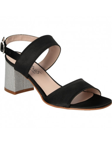 Sandale de dama, din satin negru, toc argintiu