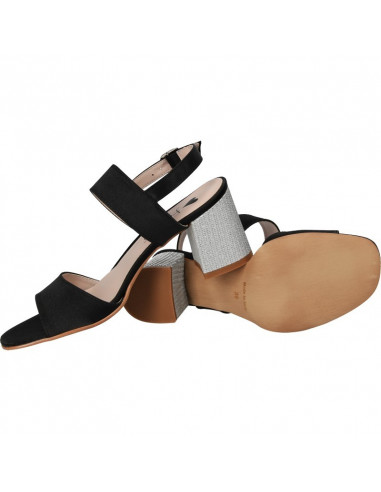 Sandale de dama, din satin negru, toc argintiu