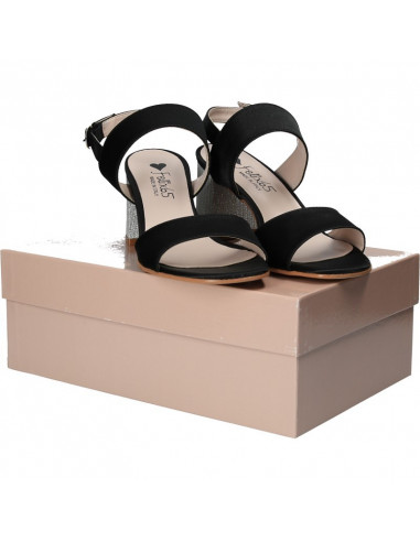 Sandale de dama, din satin negru, toc argintiu