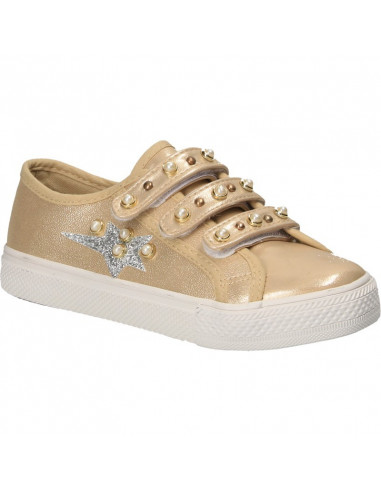 Pantofi trendy aurii, cu perle, pentru fete