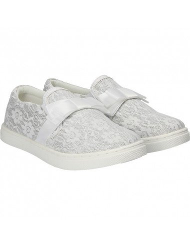 Espadrile albe, din dantela, cu funda
