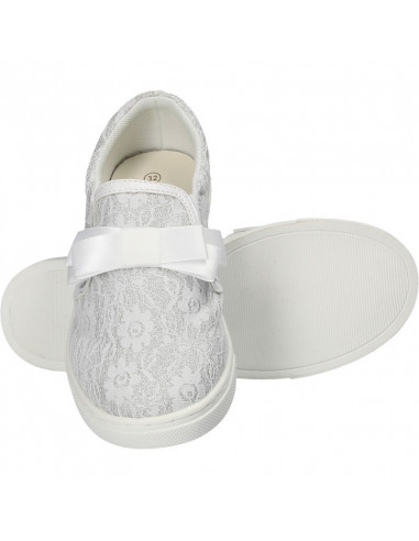 Espadrile albe, din dantela, cu funda