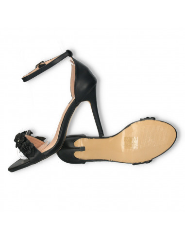 Sandale negre simple, cu decor flori