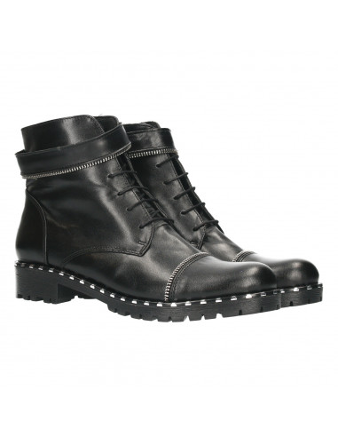 Ghete dama, negre, toc mic, piele naturala