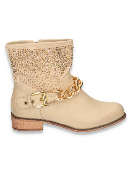 Cizme dama fashion, cu pietre, bej