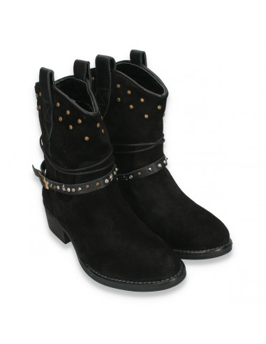 Cizme femei stil country, piele intoarsa, negre