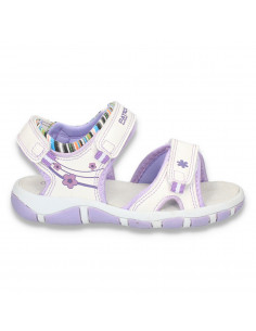 Sandale casual fetite, albe cu floricele mov - LS79