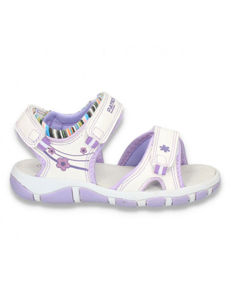Sandale casual fetite, albe cu floricele mov - LS79