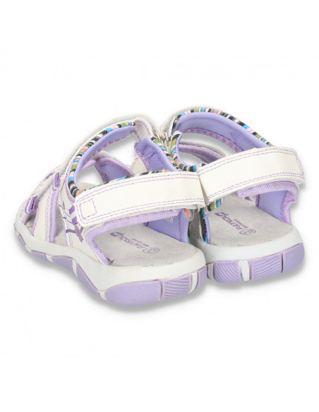 Sandale casual fetite, albe cu floricele mov - LS79