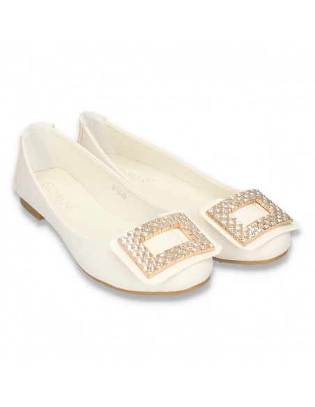 Balerini eleganti dama, cu decoratiune cu strasuri, albi - LS213