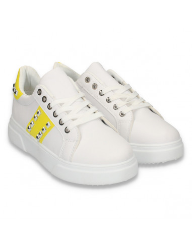 Sneakers dama casual, cu tinte, alb-galben - W111