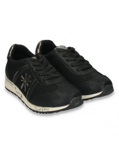 Sneakers fete fashion, cu dantela, negri - W117
