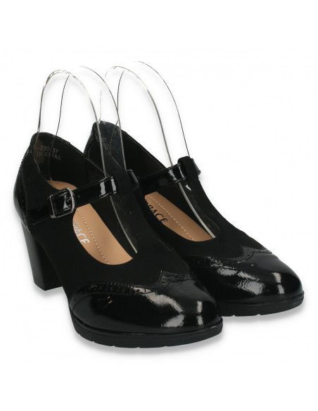 Pantofi clasici dama, cu elemente Oxford si bareta, negri - W118