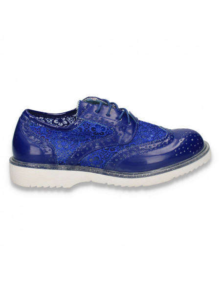 Pantofi fete in stil Oxford, cu dantela, albastri - W191