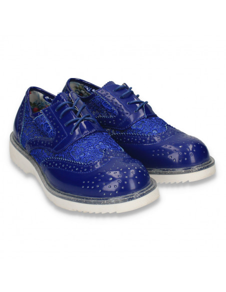 Pantofi fete in stil Oxford, cu dantela, albastri - W191