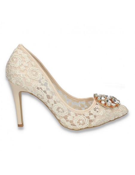 Pantofi stiletto, pentru dama, din dantela, bej - W272