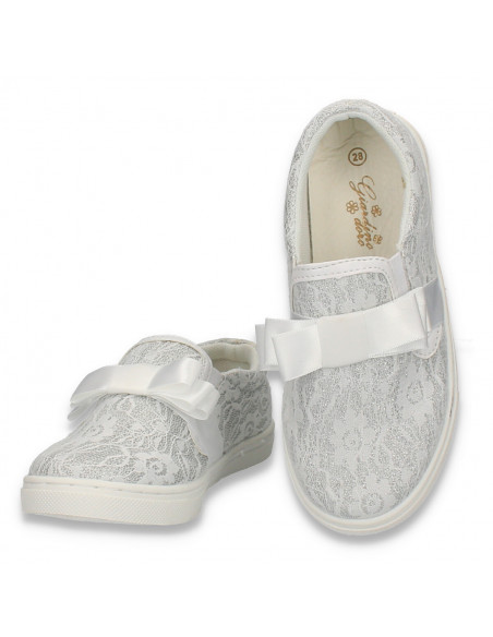 Espadrile albe, din dantela, cu funda - W308