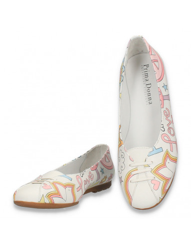Balerini dama din piele, cu imprimeu colorat, albi - W337