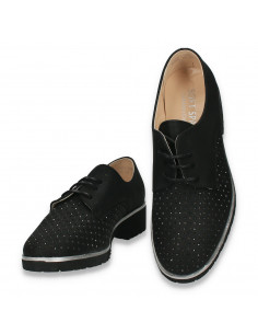Pantofi femei, cu siret, perforatii si strasuri, negri - W456 2