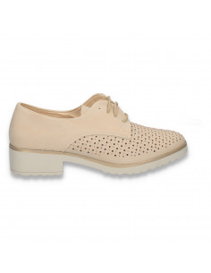 Pantofi femei, cu siret, perforatii si strasuri, bej - W458