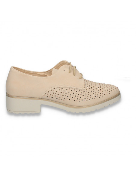 Pantofi femei, cu siret, perforatii si strasuri, bej - W458