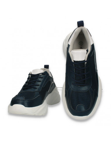 Pantofi sport dama, din piele si textil, cu talpa groasa, bleumarin - W546