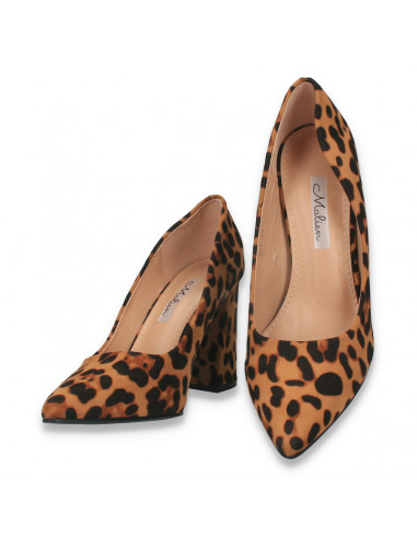 Pantofi eleganti, cu toc gros, maro-animal print - W581