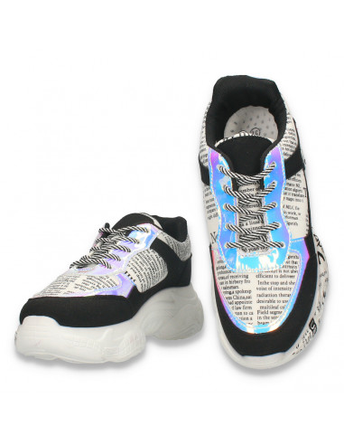 Pantofi casual dama, cu imprimeu scris si talpa inalta, negri - W678