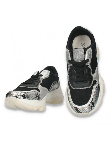 Pantofi casual dama, cu talpa groasa, snake print, negru-argintiu - W679