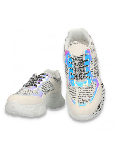 Pantofi casual dama, cu imprimeu scris si talpa inalta, albi - W682