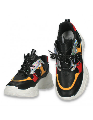 Pantofi sport-casual dama, cu talpa groasa, negru-rosu-galben - W757