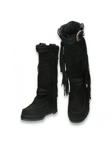 Cizme dama tip mocasini, lungi, cu franjuri, negre - W815