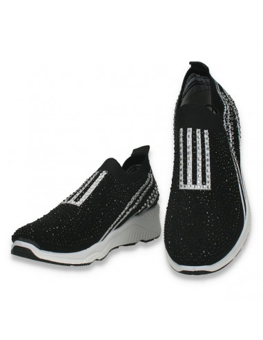 Pantofi pentru fetite, cu strasuri, tip soseta, negri - W961