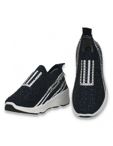 Pantofi pentru fetite, cu strasuri, tip soseta, bleumarin - W962