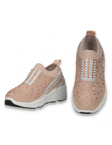 Pantofi pentru fetite, cu strasuri, tip soseta, bej - W963