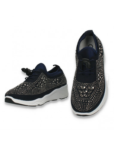 Pantofi pentru fetite, cu strasuri, tip soseta, bleumarin - W966