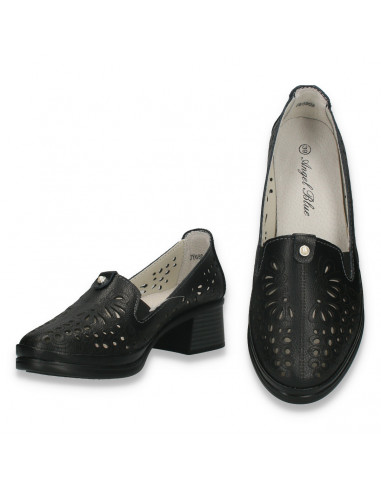 Pantofi din piele pentru dama, cu decupaje si imprimeu floral, negri - W1102