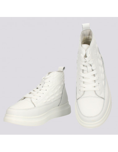 Ghete din piele pentru femei, cu imprimeu croco, albe - W1213