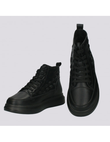 Ghete din piele pentru femei, cu imprimeu croco, negre - W1214