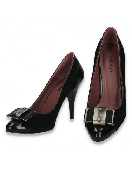 Pantofi dama din piele, cu toc stiletto, negri - W1222