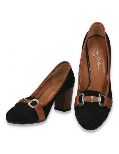 Pantofi dama din piele, office, cu toc gros, maro - W1223