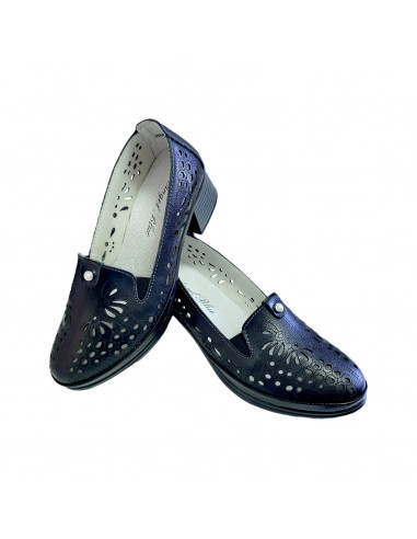 Pantofi din piele pentru dama, cu decupaje si imprimeu floral, negri - W1102