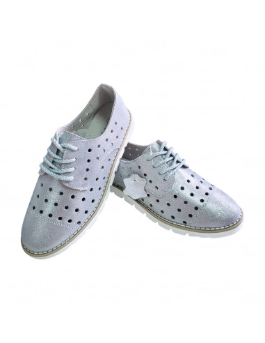 pantofi dama, pantofi dama din piele naturala, pantofi dama cu perforatii, pantofi dama argintii cu perforatii