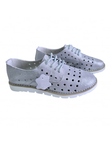 pantofi dama, pantofi dama din piele naturala, pantofi dama cu perforatii, pantofi dama argintii cu perforatii