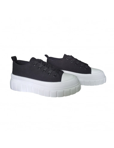 pantofi femei, pantofi dama, sneakers dama negri, snakers femei din textil, sneakers cu talpa inalta alba striata