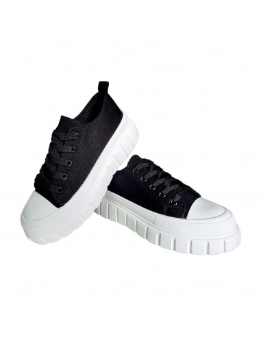 pantofi femei, pantofi dama, sneakers dama negri, snakers femei din textil, sneakers cu talpa inalta alba striata